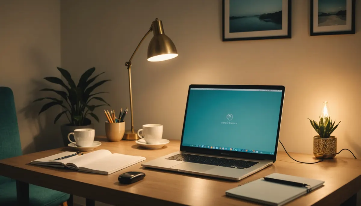 A quiet desk at home in the evening with a laptop and notebook